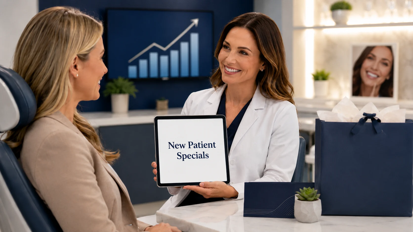 Dentist presenting new patient specials to a smiling patient in a modern dental office to attract high-value patients without discounting fees