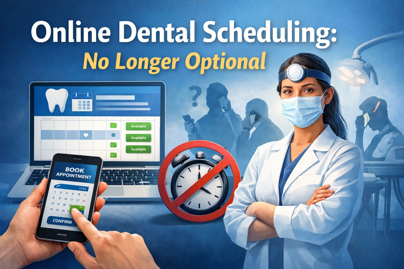 Online dental scheduling illustration showing a dentist and a patient booking a dental appointment on a smartphone and laptop calendar, highlighting that online appointment scheduling is no longer optional for dental practices.