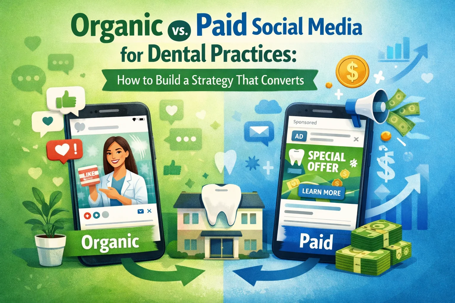 Featured image comparing organic vs. paid social media for dental practices, showing a dentist social post and a paid dental ad to illustrate a strategy that converts new patients.