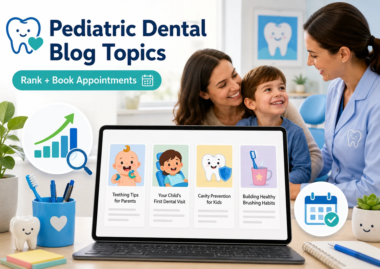 Pediatric dental blog topics parents want shown on a content dashboard with SEO growth and appointment booking beside a child, parent, and pediatric dentist.