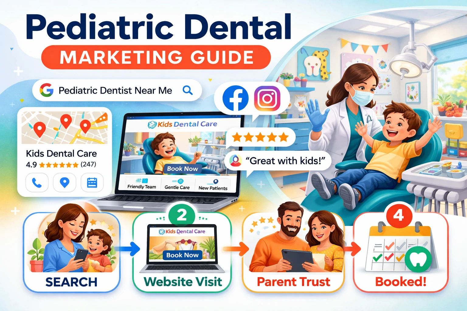 Pediatric dental marketing guide featured image showing parent search for a pediatric dentist, website visit, parent trust via reviews and social media, and booked appointment.