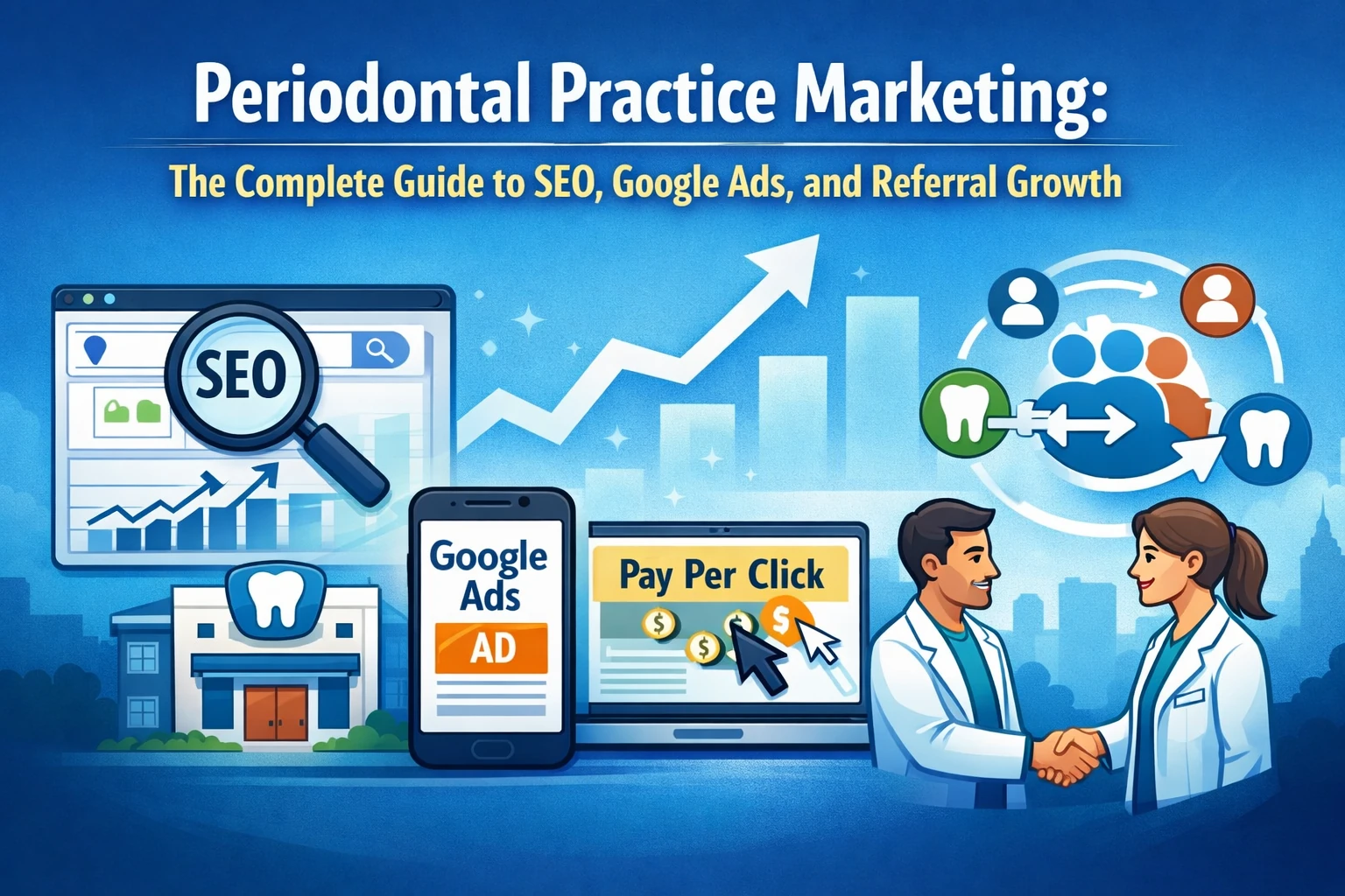 Periodontal practice marketing featured image showing SEO analytics, Google Ads pay-per-click campaign on screens, referral growth network icons, and dentists shaking hands with an upward growth chart.