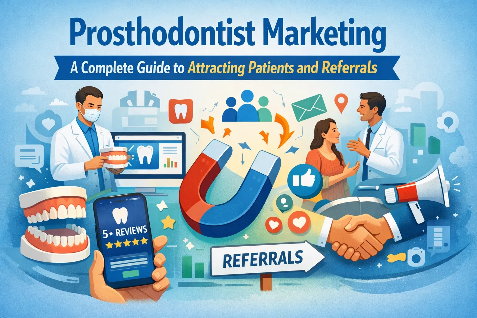 Featured illustration for prosthodontist marketing showing a dentist, patient referral handshake, online reviews, and digital marketing elements for attracting patients and referrals.