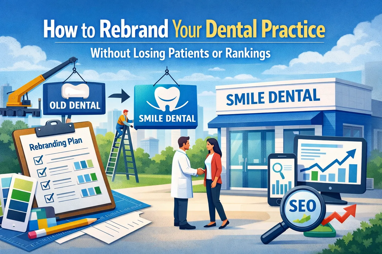 Illustration of a dental practice rebrand showing updated clinic branding, patient trust, and SEO ranking growth without losing patients or local search visibility.