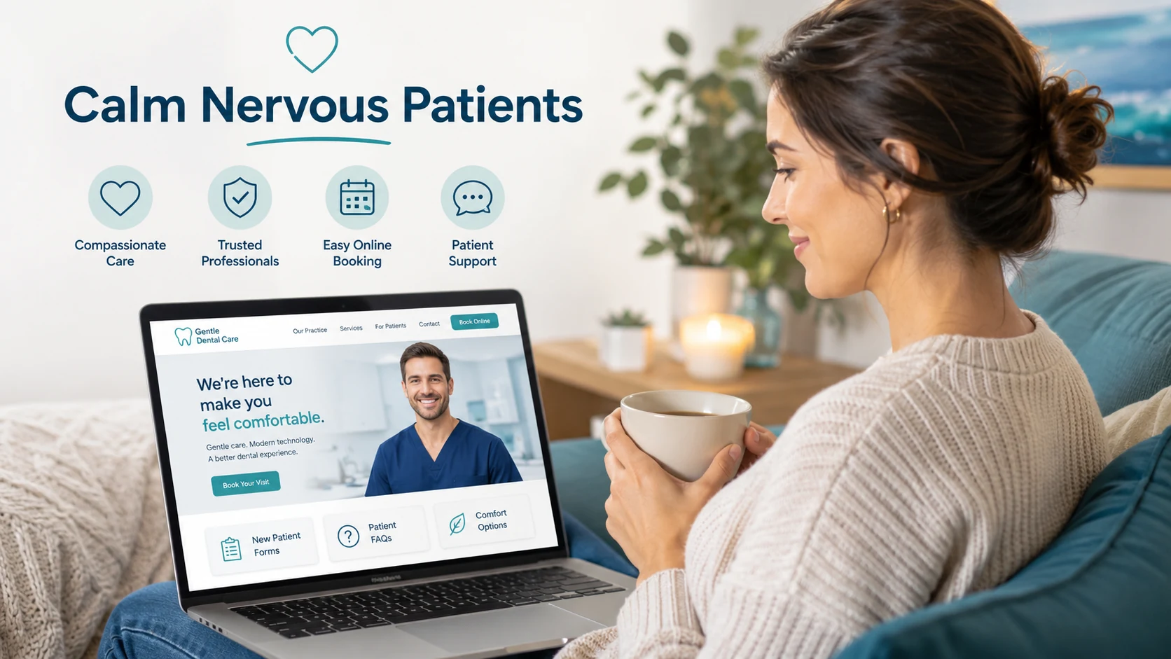 Woman viewing a calming dental website with comfort options and online booking designed to reduce anxiety before her first dental visit.
