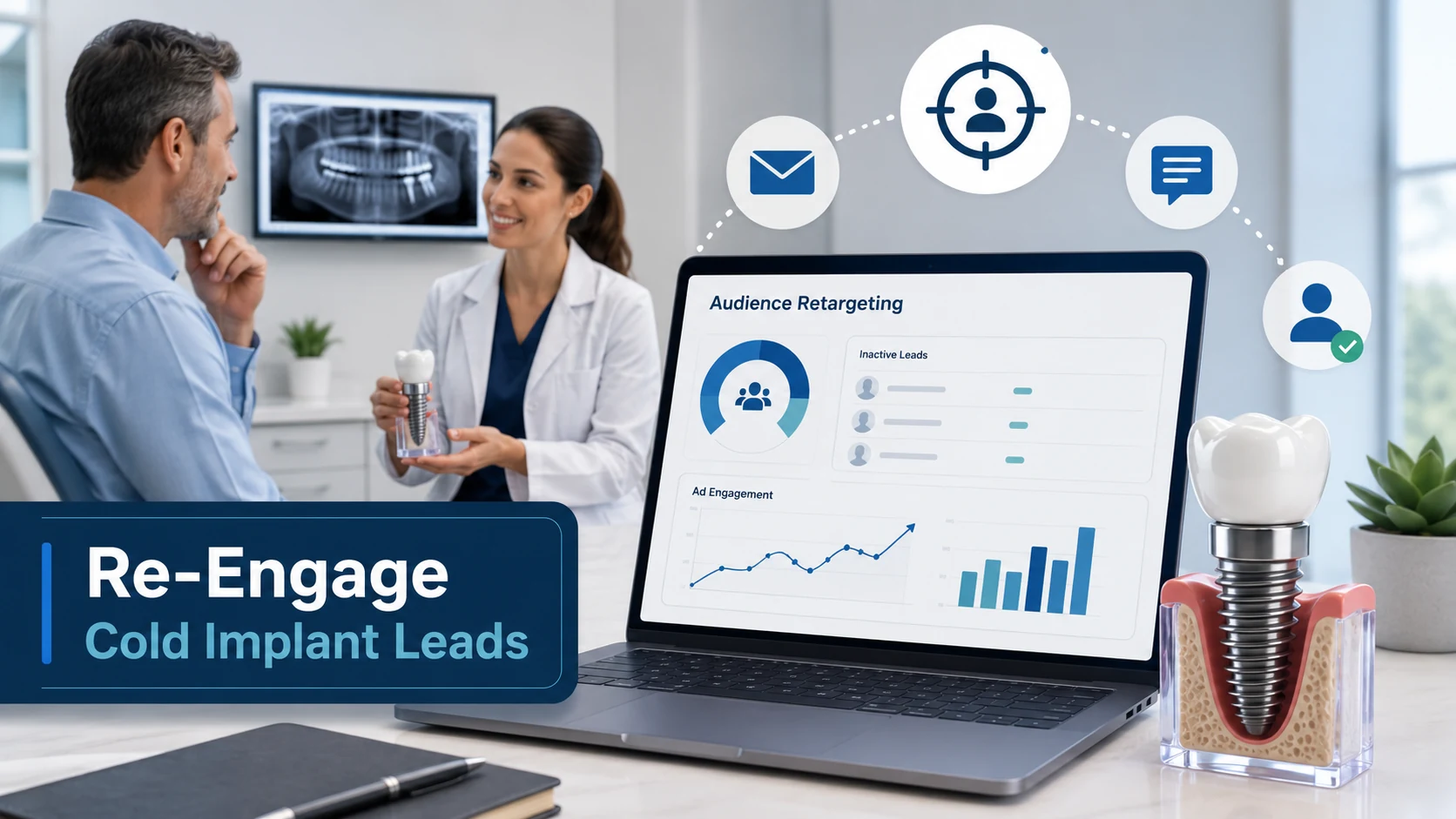 Dental implant lead retargeting dashboard showing compliant email and text follow-up used to re-engage cold implant prospects