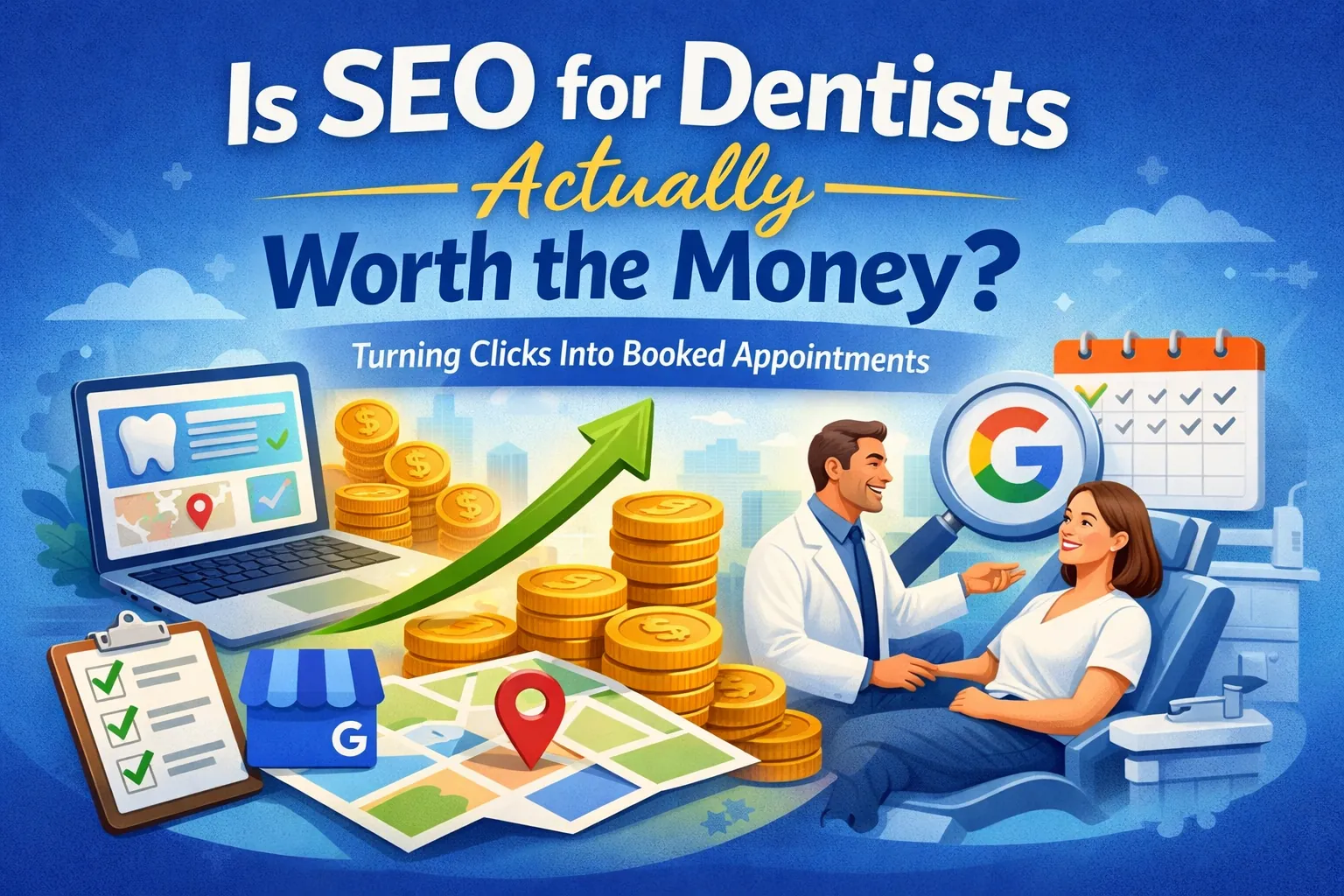 Illustration of dental SEO ROI: dentist with patient, Google search and map icons, and a rising chart showing clicks turning into appointments.