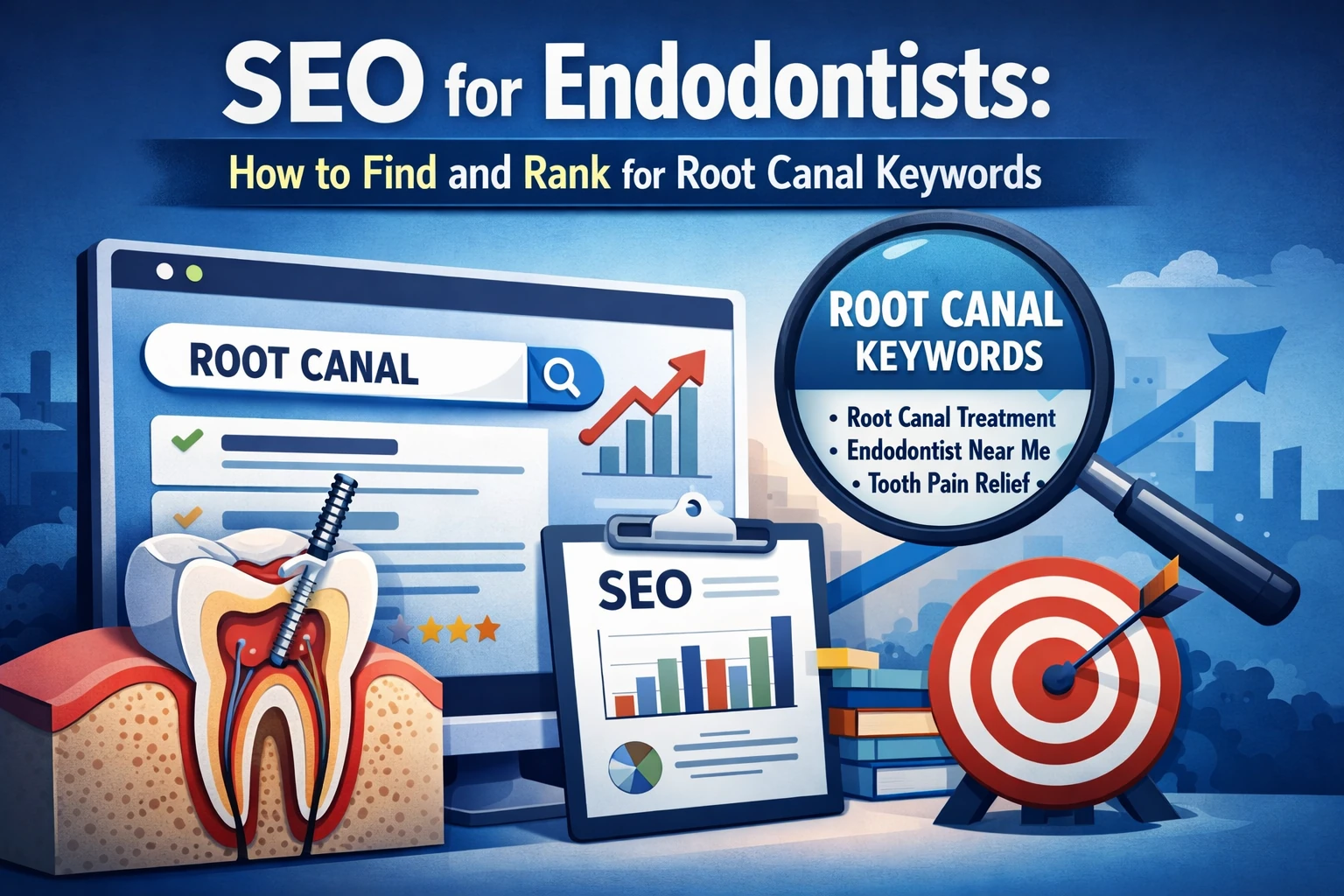 Featured image for SEO for endodontists showing root canal keyword research, a treated tooth cross-section, search results, and ranking graphics for root canal treatment and endodontist near me.