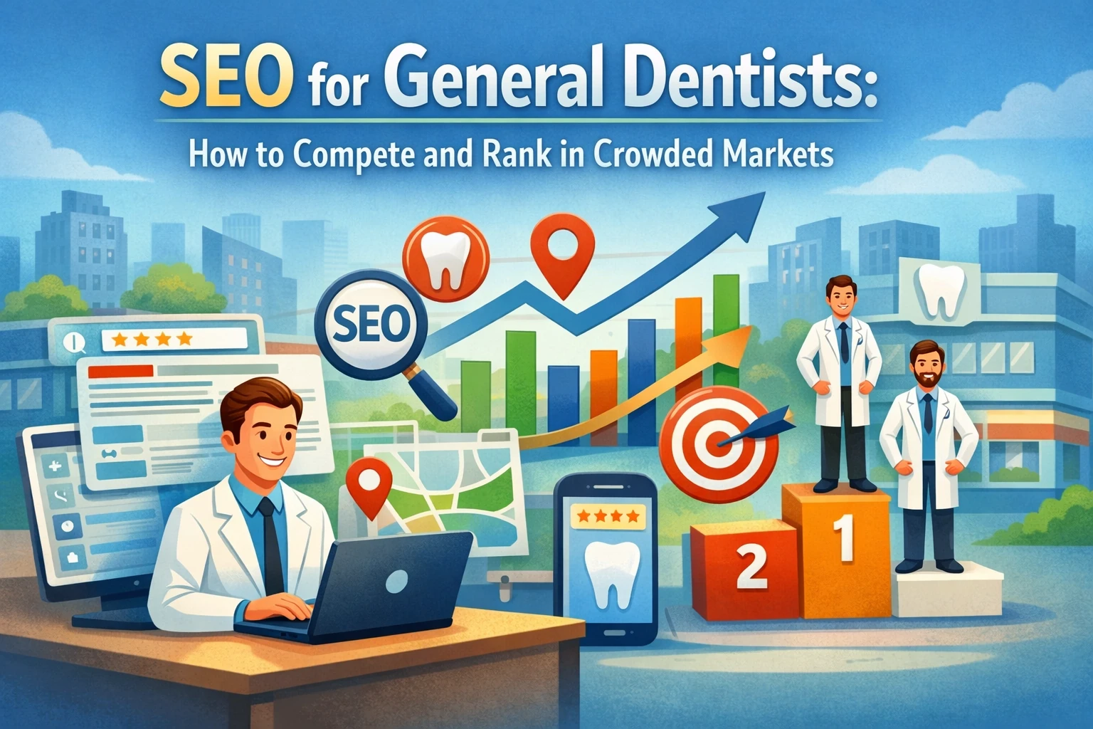 Featured image for SEO for general dentists showing a dentist using a laptop with local search icons, rankings, and growth charts to illustrate how to compete and rank in crowded dental markets.