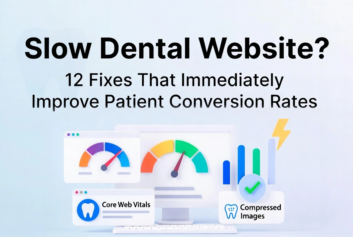 Illustration showing website speed dials, Core Web Vitals icons, and compressed image graphics representing fixes for slow dental websites that improve patient conversion rates.