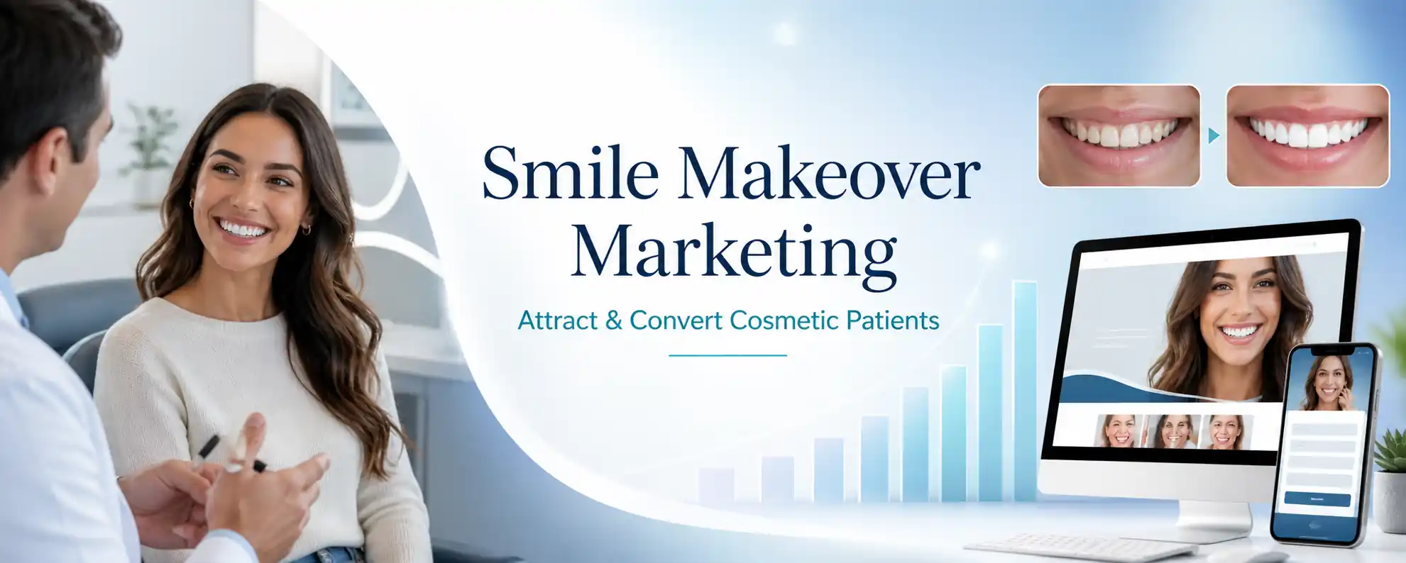 Smile makeover marketing image showing a cosmetic dentistry consultation, before-and-after smile visuals, dental website mockups, and conversion tracking elements for attracting more cosmetic patients.