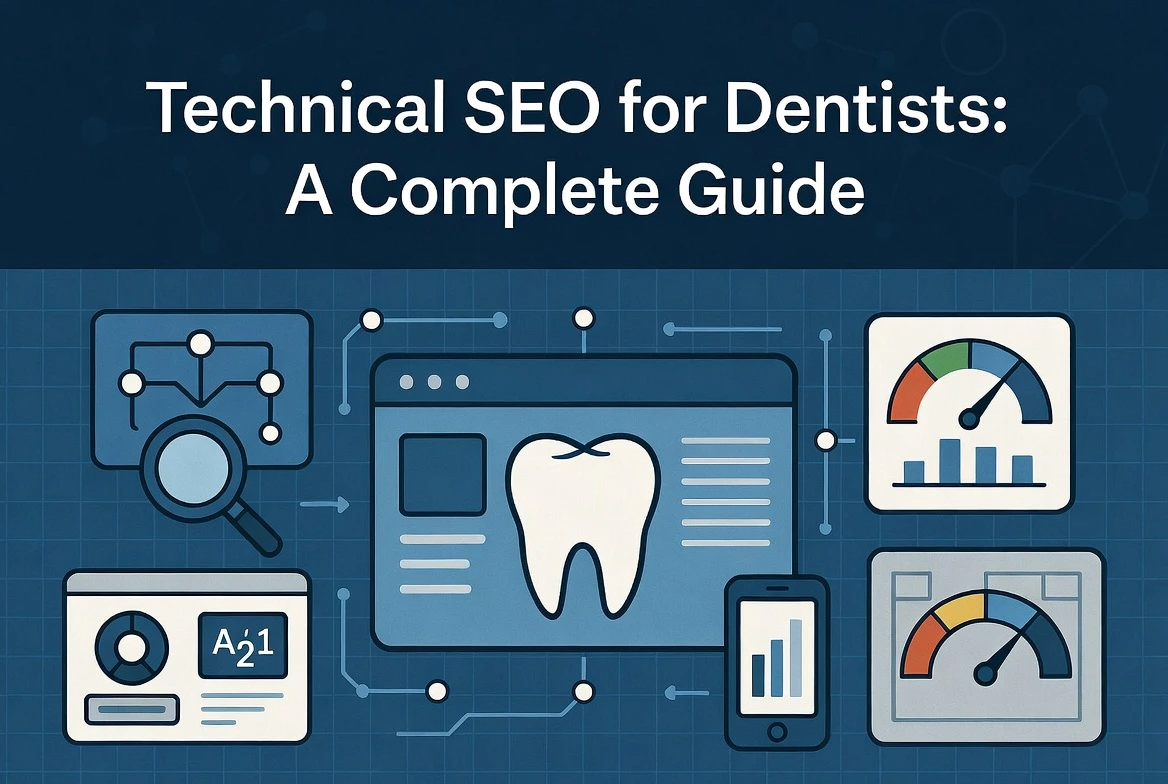 Technical SEO graphic for dental websites showing site speed meters, crawl structure, and diagnostic tools.