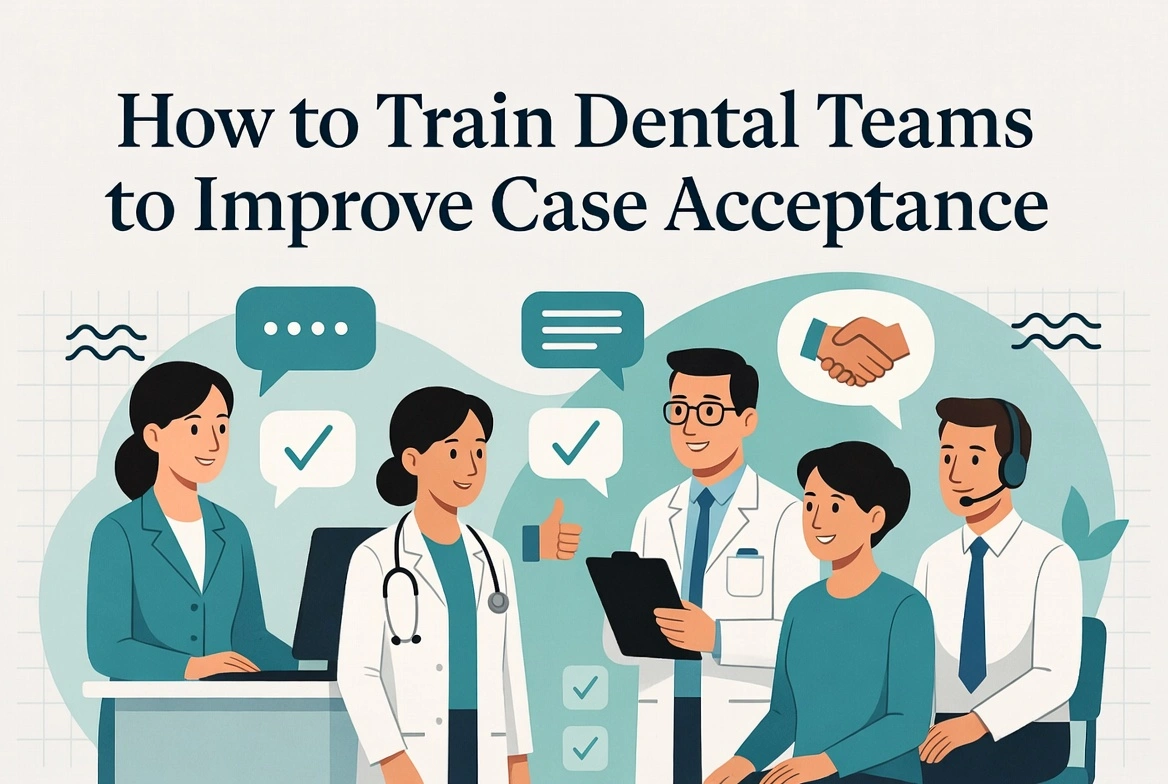 Illustration of dental team members discussing treatment planning and communication strategies to improve case acceptance.