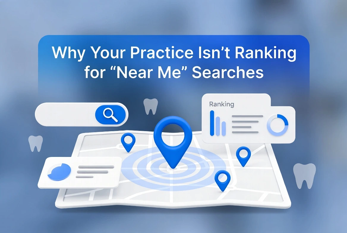 Illustration of a map with blue location pins, search icons, and ranking indicators representing why a dental practice may not rank for ‘near me’ searches. Illustration of a map with blue location pins, search icons, and ranking indicators representing why a dental practice may not rank for ‘near me’ searches.