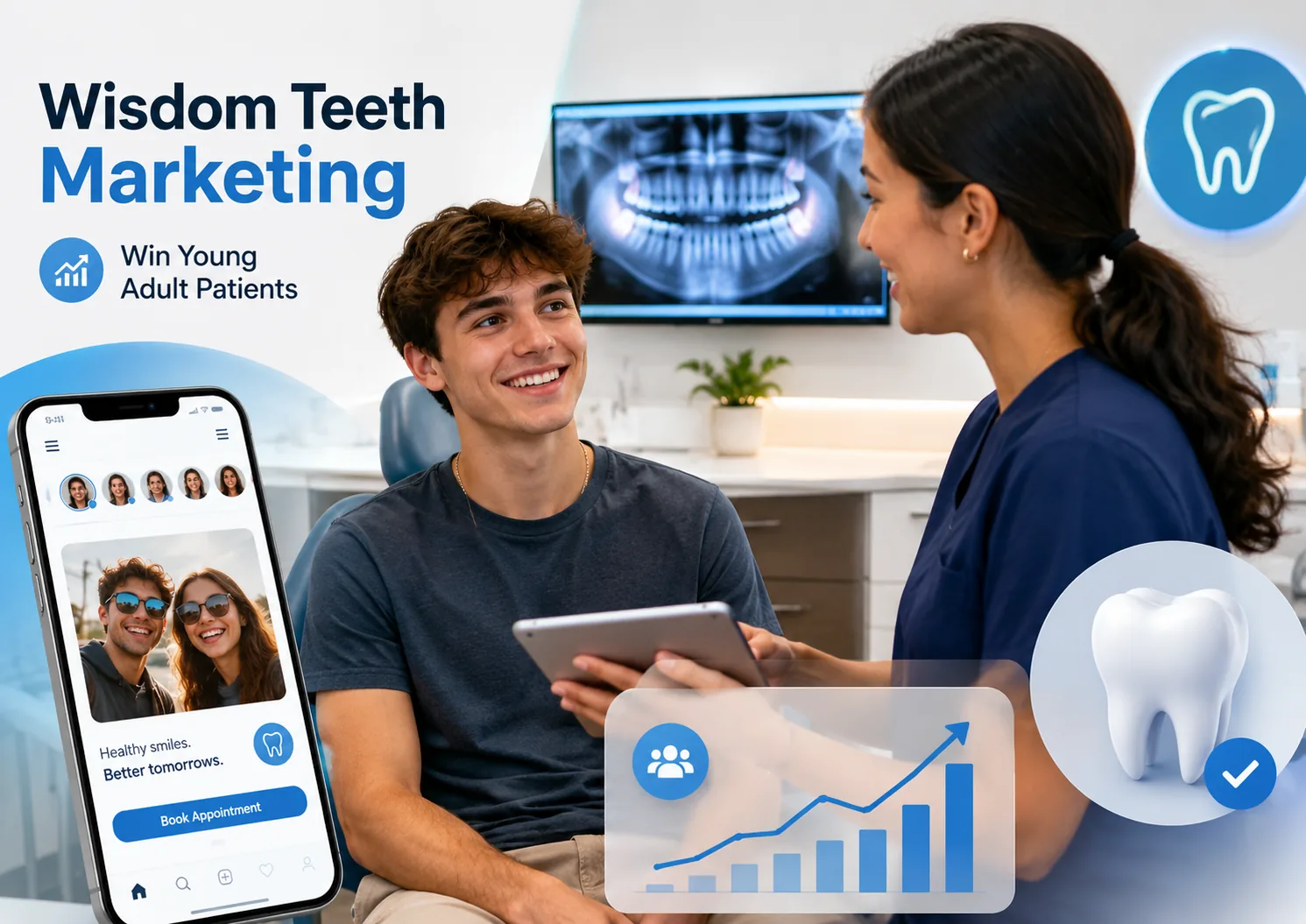 Wisdom teeth removal marketing image showing a young adult patient consulting with a dental team, appointment app, dental x-ray, and growth chart