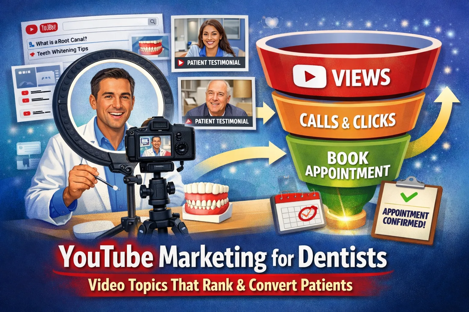 YouTube marketing for dentists: dentist filming video with ring light, YouTube search results, patient testimonials, and a funnel to booked appointment.